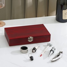 Набор для вина в кейсе, 5 предметов: пробка, воронка, штопор, кольцо, термометр Доляна