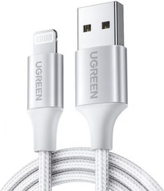 Кабель UGREEN US199 60162 Lightning to USB с оплёткой, 1.5м, цвет: серебристый