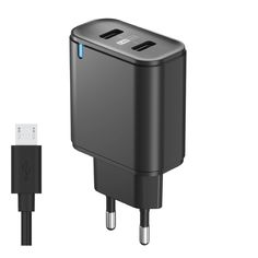 Сетевое зарядное устройство OLMIO USBx2, 2.4A, +microUSB кабель, Smart IC, black