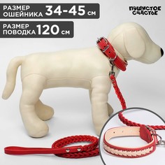 Комплект ошейник (34-45х2 см) и поводок (120х0.8 см) с косой, красный с бежевым Пушистое счастье