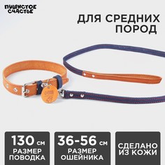 Комплект : ошейник (36-56х2.5 см) и поводок (130х1.5 см), цвет бежевый и синий Пушистое счастье