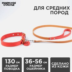 Комплект : ошейник (36-56х2.5 см) и поводок (130х1.5 см), цвет малиновый и бежевый Пушистое счастье