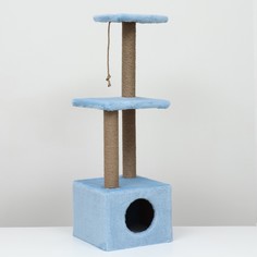 Домик для кошек с когтеточкой, с двумя полками, джут, 37 х 37 х 111 см, голубой NO Brand