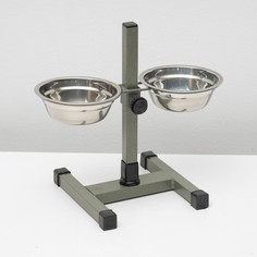 Подставка с мисками, разборная, серо-зеленая шагрень, высота 30 см, 2 х 350 мл Пижон