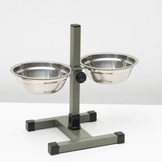 Подставка с мисками, серо-зеленая шагрень, разборная, высота 30 см, 2 х 500 мл Пижон
