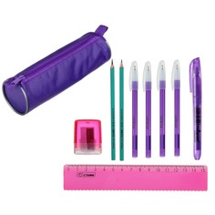 Набор канцелярский 10 предметов (пенал-тубус 65 х 210 мм, ручки 4 штуки цвет синий , линейка 15 см, точилка, карандаш 2 штуки, текстовыделитель), фиолетовый Calligrata