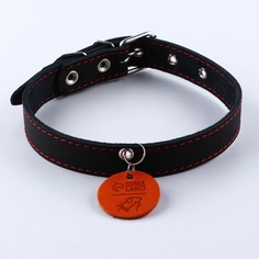 Ошейник кожаный с кожаным подвесом черный, ош 30-53см Пушистое счастье