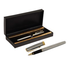 Ручка подарочная шариковая в кожзам футляре, корпус серебро с золотом Calligrata
