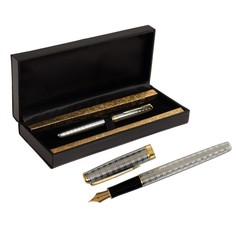 Ручка подарочная перьевая в кожзам футляре, корпус серебро с золотом Calligrata