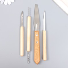 Инструменты для работы с глиной набор 4 шт дерево, металл h=12,5 13,5 17 и 17,5 см NO Brand