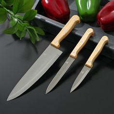 Ножи кухонные wооd, набор 3 шт, лезвие: 8 см, 12 см, 19,5 см, ручка деревянная Доляна