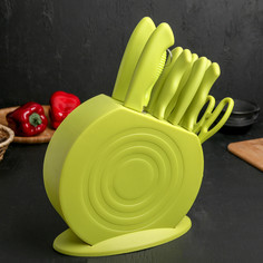 Набор кухонных принадлежностей на подставке, 8 ножей, ножеточка, ножницы, цвет зеленый NO Brand