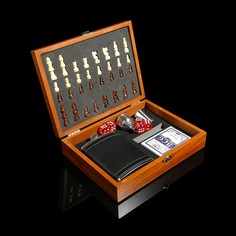 Набор 6 в 1: фляжка 8 oz, рюмка, воронка, кубики 5 шт, карты, шахматы, 18 х 24 см NO Brand