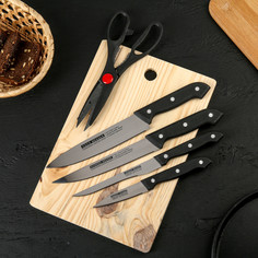 Набор кухонный, 6 предметов: 4 ножа 8 см, 13 см, 16 см, 16 см, ножницы, доска 28×18 см NO Brand