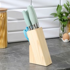 Набор кухонный, 6 предметов: 5 ножей 8,5 см, 12 см, 12 см, 19,7 см, 19 см, ножницы, цвет голубой NO Brand