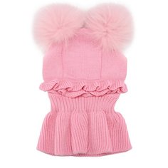 Шерстяная шапка с воротником и меховыми помпонами Catya