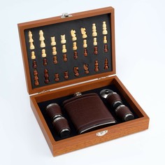 Набор 7 в 1: фляжка 8 oz, чешуя, 4 рюмки, воронка, шахматы, 18 х 24 см NO Brand