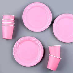 Набор бумажной посуды: 6 тарелок, 6 стаканов, цвет розовый Страна Карнавалия