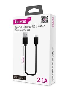 Кабель OLMIO USB 2.0 - microUSB, 1м, 2.1A, черный