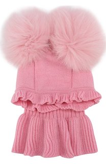 Шерстяная шапка с воротником и меховыми помпонами Catya