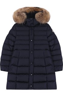 Пуховое пальто на молнии с капюшоном и меховой отделкой Moncler Enfant