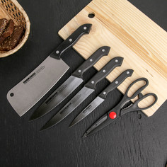 Набор кухонный, 5 предметов, 4 ножа 10,5 см, 16,5 см, 16,5 см, 17 см, ножницы 21,5 см, цвет черный NO Brand