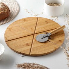 Доска для подачи пиццы, d=32 см, в комплекте с ножом, бамбук, нержавеющая сталь Доляна