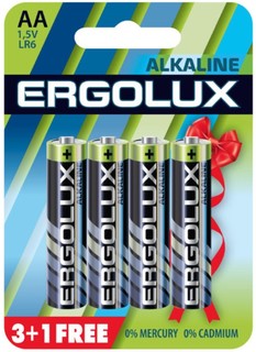 Батарейка Ergolux LR6 BL3+1 Alkaline LR6/AA, 1,5 В, 2700 мА.ч, 4 шт в упаковке (12866)