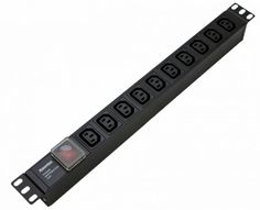 Блок розеток 19", 10 розеток Hyperline SHE19-10IEC-S-IEC горизонтальный, с выкл. с подсветкой, 10A, 250В, без кабеля питания, вх.розетка IEC 320 C14