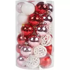 Набор елочных шаров Рождество ø6 см пластик белый/красный/розовый 37 шт Без бренда