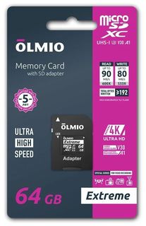 Карта памяти OLMIO microSDXC 64GB UHS-I U3 V30 c адаптером