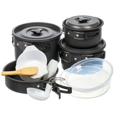 Набор посуды походный, алюминий, 15 предметов, кастрюля сковорода, ложка, губка, тарелка, миска, T2022-917