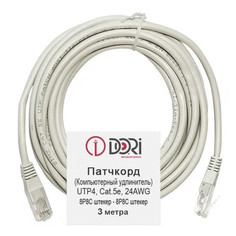 Кабели кабель компьютерный CAT.5e патч-корд DORI UTP4 литой 3м серый