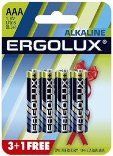 Батарейка Ergolux LR03 BL3+1 Alkaline LR03/AAA, 1,5 В, 1150 мА.ч, 4 шт в упаковке (12865)