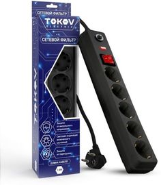 Сетевой фильтр TOKOV ELECTRIC TKE-C05-SF5-1.8-ZV 5х1.8м с заземл. с выкл. 16А с защ. от скачков напр. и перегрузок 3х1 черн