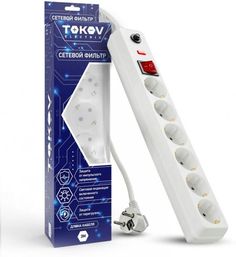 Сетевой фильтр TOKOV ELECTRIC TKE-C01-SF6-3-ZV 6х3м с заземл. с выкл. 16А с защ. от скачков напр. и перегрузок 3х1 бел