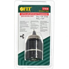 Патрон для дрели Fit, 2-13 мм, цельнометаллический, 37838, быстрозажимной, 3-кулачковый, под биту