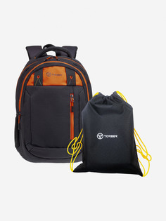 Рюкзак TORBER CLASS X, черный с оранжевой вставкой, 45 x 32 x 16см+Мешок для сменной обуви в подарок, Черный