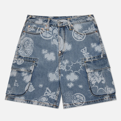 Мужские шорты Evisu Heritage Graffiti Daruma All Over Discharged Denim Cargo, цвет голубой