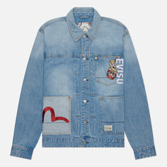 Мужская джинсовая куртка Evisu Heritage Wadaiko Fortune-Cat Embroidered Denim, цвет голубой
