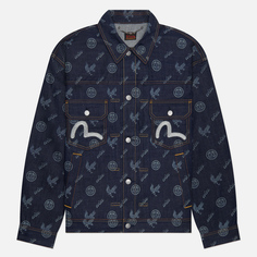 Мужская джинсовая куртка Evisu Seagull Embroidered & Kamon Eagle All Over Print Denim, цвет синий