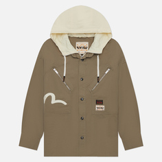 Мужская куртка ветровка Evisu Seagull Embroidered & Stencil Slogan Print Shirt Hooded, цвет оливковый