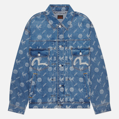 Мужская джинсовая куртка Evisu Seagull Embroidered & Kamon Eagle All Over Print Denim, цвет синий, размер XL