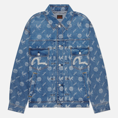 Мужская джинсовая куртка Evisu Seagull Embroidered & Kamon Eagle All Over Print Denim, цвет синий