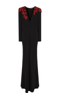 Однотонное платье-макси с V-образным вырезом и декорированной отделкой Alexander McQueen