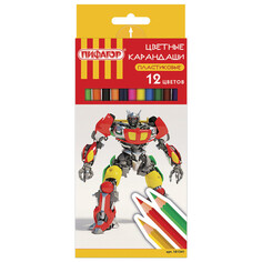 Цветные карандаши набор карандашей цветных ПИФАГОР Боевой робот 12 цветов пластиковые классические заточенные