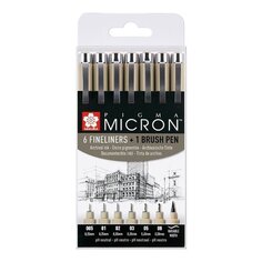 Набор капиллярных ручек Sakura Pigma Micron, 7 штук (0.2 мм, 0.25 мм, 0.3 мм, 0.35 мм, 0.45 мм,0.5 мм, + brush)