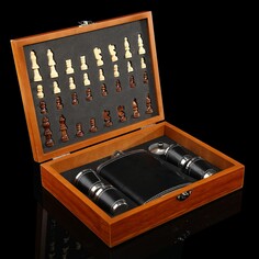 Набор 7 в 1: фляжка 8 oz, черная, 4 рюмки, воронка, шахматы, 18 х 24 см NO Brand
