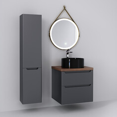 Комплект мебели серый матовый 60 см со столешницей бук темный, раковина черный матовый Jorno Wood