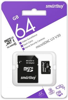 Карта памяти MicroSDXC 64GB SmartBuy SB64GBSDCCTV Class 10 UHS-I V10 для видеонаблюдения + SD адаптер